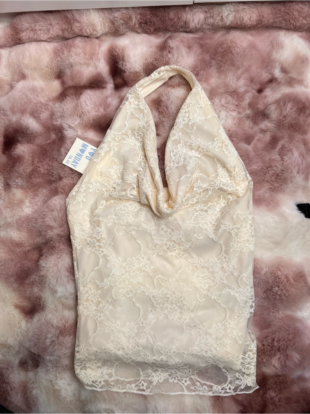 See You Monday Cream Lace Halter Cowl Camisole